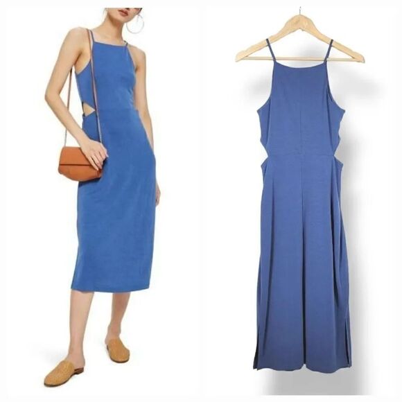 Topshop Cutout Side Micro Ribbed Midi Slipdress in Periwinkle Blue Size 2 - Picture 1 of 10